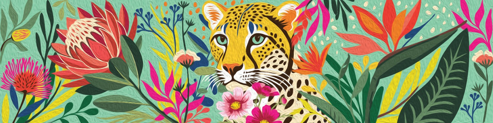 Cheetah surrounded by colorful flowers and leaves on a green pot background