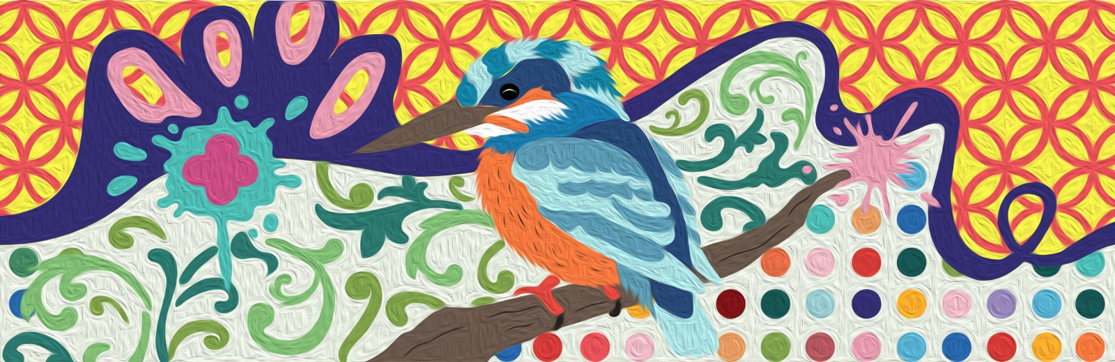 paint-bynumbers of a bird on a branch with a patterned background